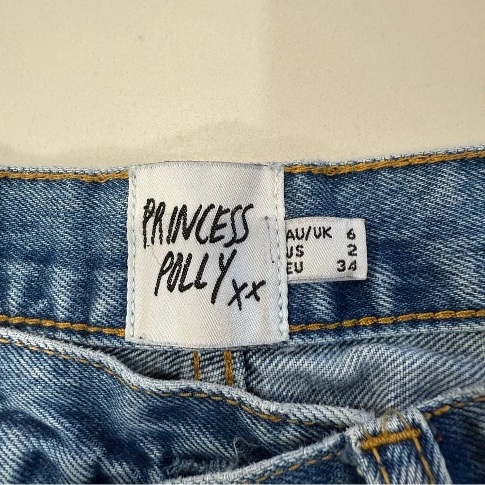 Princess Polly Holly Asymmetrical Straight Leg Denim Jean Womens 2 Mid Wash Blue